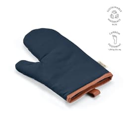 A navy kitchen glove with brown detailing, featuring a loop for hanging and a logo. Made from sustainable materials.