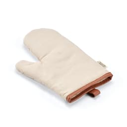 A cream kitchen glove featuring brown PU details, designed for heat protection with a hanging loop.