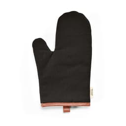 A black kitchen glove featuring a tan leather trim and a hanging loop, with a branded tag.