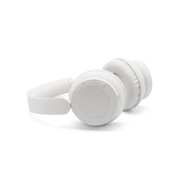 White wireless headphones with soft ear cups and control buttons on one side. Includes a logo on the design.