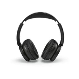 A pair of black over-ear headphones with a padded headband and ear cups, featuring a logo on the side.