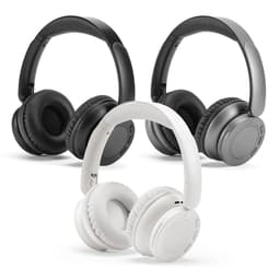 Headphones in three colours: black, grey, and white, featuring over-ear design and padded ear cups.