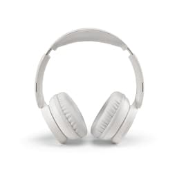 White over-ear headphones with padded ear cushions and a flexible headband. Features a logo on the side.