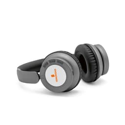 A pair of grey headphones with cushioned earpads and a logo on the ear cup. Features buttons on the side.