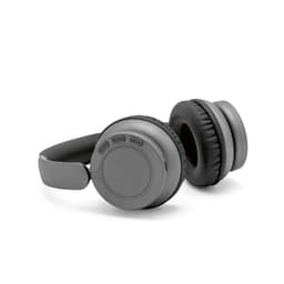 A pair of grey wireless headphones with padded ear cups and control buttons. Features a logo on the side.