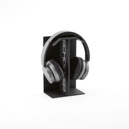A pair of black Echodeep headphones displayed on a stand with a branding logo.