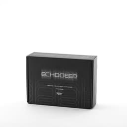 A black packaging box for Echodeep headphones, featuring a logo and modern design elements.