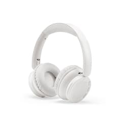 White over-ear headphones with a sleek design, featuring soft ear cushions and a minimalist style. Includes a branding logo.