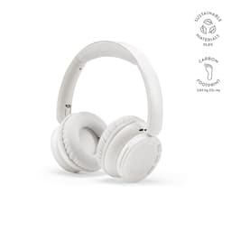 White headphones with a sleek design, featuring soft ear cups and a brand logo on the side.