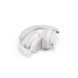 A pair of white over-ear headphones with a sleek design and visible ear cushions. Features a logo on the side.