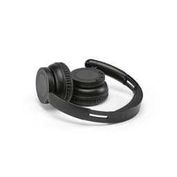Black headphones with a foldable design and circular ear cups, featuring controls on one side and a logo.