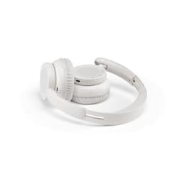 White over-ear headphones with a foldable design, featuring a logo and a charging port on the ear cup.