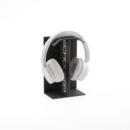 A pair of white headphones displayed on a black stand featuring a logo.