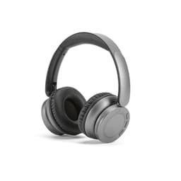 A pair of grey over-ear headphones with cushioned ear cups, featuring buttons on the side and a logo.