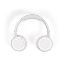 White headphones with a sleek design featuring round ear cups and adjustable headband, accompanied by a logo.