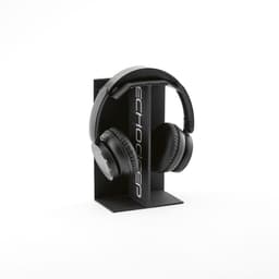 Black over-ear headphones displayed on a stand, featuring cushioned ear pads and a branding logo.