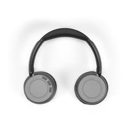 Over-ear headphones in black and grey, featuring a sleek design and built-in controls. Includes a logo on the side.