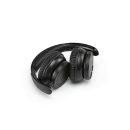 Black headphones with cushioned ear cups and an adjustable headband, featuring a logo.