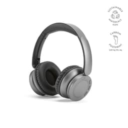 A pair of grey over-ear headphones with a padded headband and ear cushions, featuring a logo.