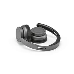 A pair of grey headphones with adjustable ear cups and a curved headband, featuring a logo on the side.