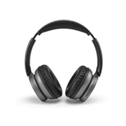 A pair of grey headphones with black cushioned ear cups and a sleek design. The headphones feature a branding logo.