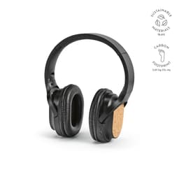 Black headphones featuring cork accents, designed with sustainable materials, showcasing a minimalistic style.