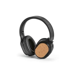 A pair of black headphones with a cork panel on the ear cup, featuring a sleek design and cushioned ear pads.