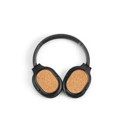 Black headphones with cork ear cushions and a simple design. The product has a logo on the side.