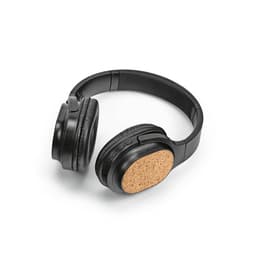 A pair of black headphones featuring a cork panel on each ear cup and adjustable headband.