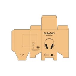 A flat cardboard packaging design for Faraday headphones, featuring an outline of the headphones in black and a logo.