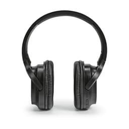 A pair of black headphones with cushioned ear cups and a sleek headband, featuring a logo on the side.