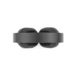 Black over-ear headphones with a padded headband and ear cushions, featuring a logo on the side.