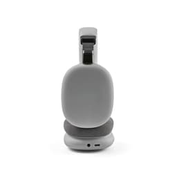 A pair of grey headphones featuring a sleek design, with a textured padded ear cup and a visible logo.