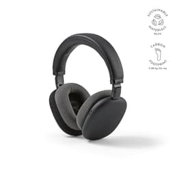 Black and grey headphones featuring a sleek design and soft ear cushions, with a logo present on the side.