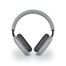 Grey headphones with a padded headband and mesh ear cups, featuring a logo and control buttons on the side.