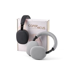Wireless headphones in black and grey, displayed next to their packaging featuring a logo.
