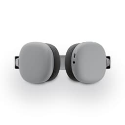 Grey headphones with a sleek design, featuring adjustable ear cups and a logo on the side.