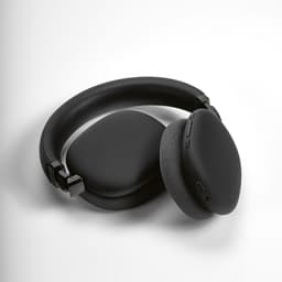 A pair of black headphones with a sleek design, featuring cushioned ear cups and a headband.