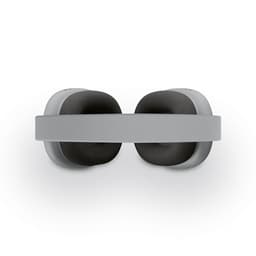 Grey headphones with cushioned ear pads and a connecting headband, featuring a logo on the side.