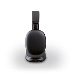 A pair of black headphones with a sleek design, featuring a charging dock. The product includes a branding logo.