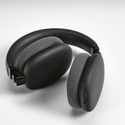 Wireless headphones in black with grey ear padding, featuring a rounded design and controls on one side.