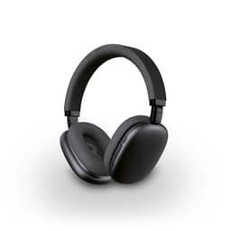 Black headphones with a sleek design and ear cushions, featuring a logo on the side.