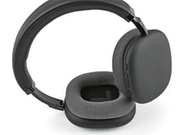 A pair of black headphones with grey cushions, featuring a sleek design and adjustable headband, and a branding logo.