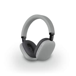 A pair of grey headphones with a sleek design, featuring cushioned ear cups and a matching headband.