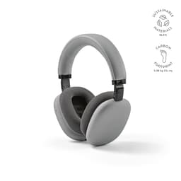 A pair of grey headphones with a sleek design, featuring a logo and made from sustainable materials.