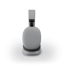 A pair of grey over-ear headphones with a sleek design, featuring a textured band and a branding logo.