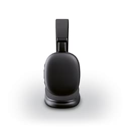 A pair of black over-ear headphones with a sleek design, featuring a padded headband and a logo on the side.