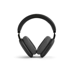 A pair of black and grey over-ear headphones features a sleek design and control buttons on the side.