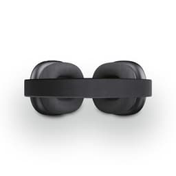 A pair of black headphones with a padded headband and cushioned ear cups, featuring a logo on the side.