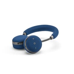A pair of blue headphones with a fabric finish, featuring buttons for volume and playback controls.